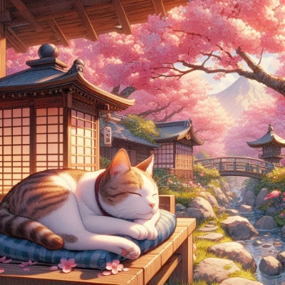 桜咲く庭園で寝ている猫🌸