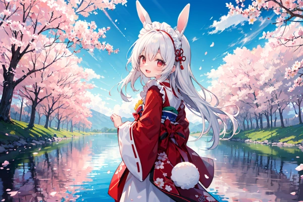 桜と着物メイド白うさちゃん