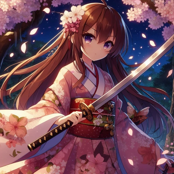 夜桜に佇む女剣士