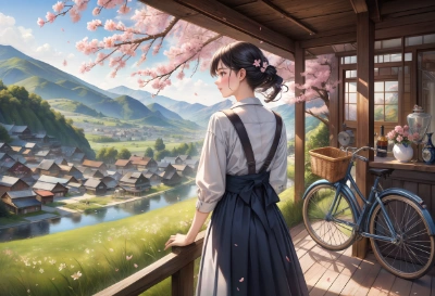 桜と少女と自転車