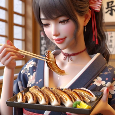 うなぎの蒲焼きを食べている日本人女性