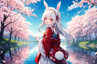 桜と着物メイド白うさちゃん