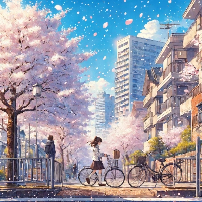 桜と自転車の風景