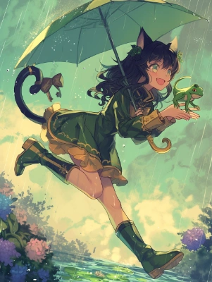猫と傘とカエル。
