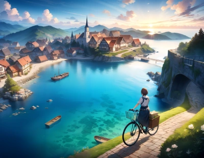 海と自転車と少女の風景